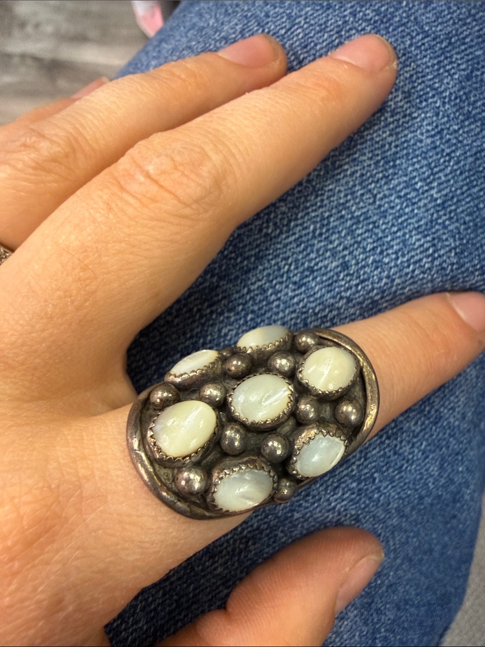 Handcrafted White Opal Cluster Sterling-Style Ring